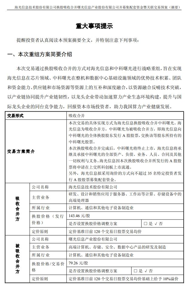 千亿重组预案出炉，海光信息、中科曙光，明日(🌘)复牌